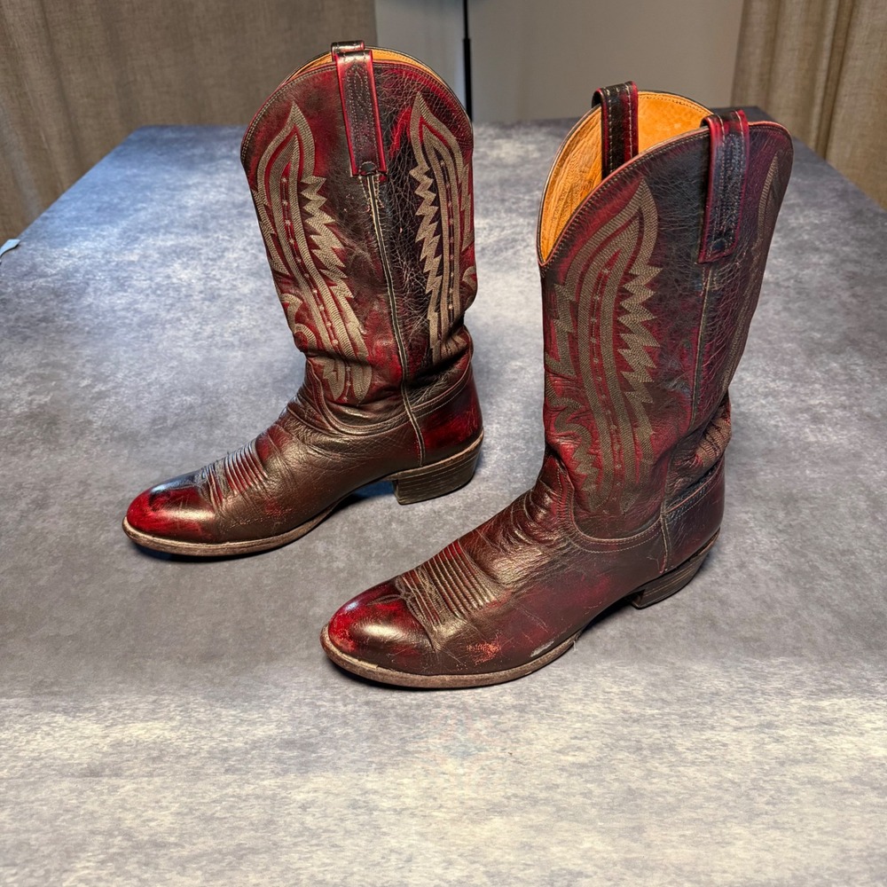 Vintage Lucchese 2000 Mens Western Cowboy Boots Red Black Leather Stitched 12 D